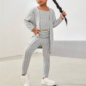 TWO OUTFITS. Young Girl Solid Open Front Coat & Cami Top & Bow Front Leggings